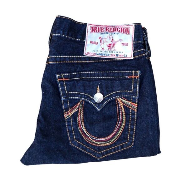 TRUE Religion Jean Shorts Size 36 RAINBOW JOEY Blue - Picture 1 of 7